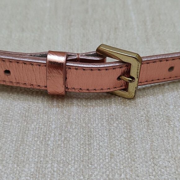 J. Crew Skinny Metallic Copper Leather Belt Square Brass Tone Buckle Size Large - Picture 9 of 10